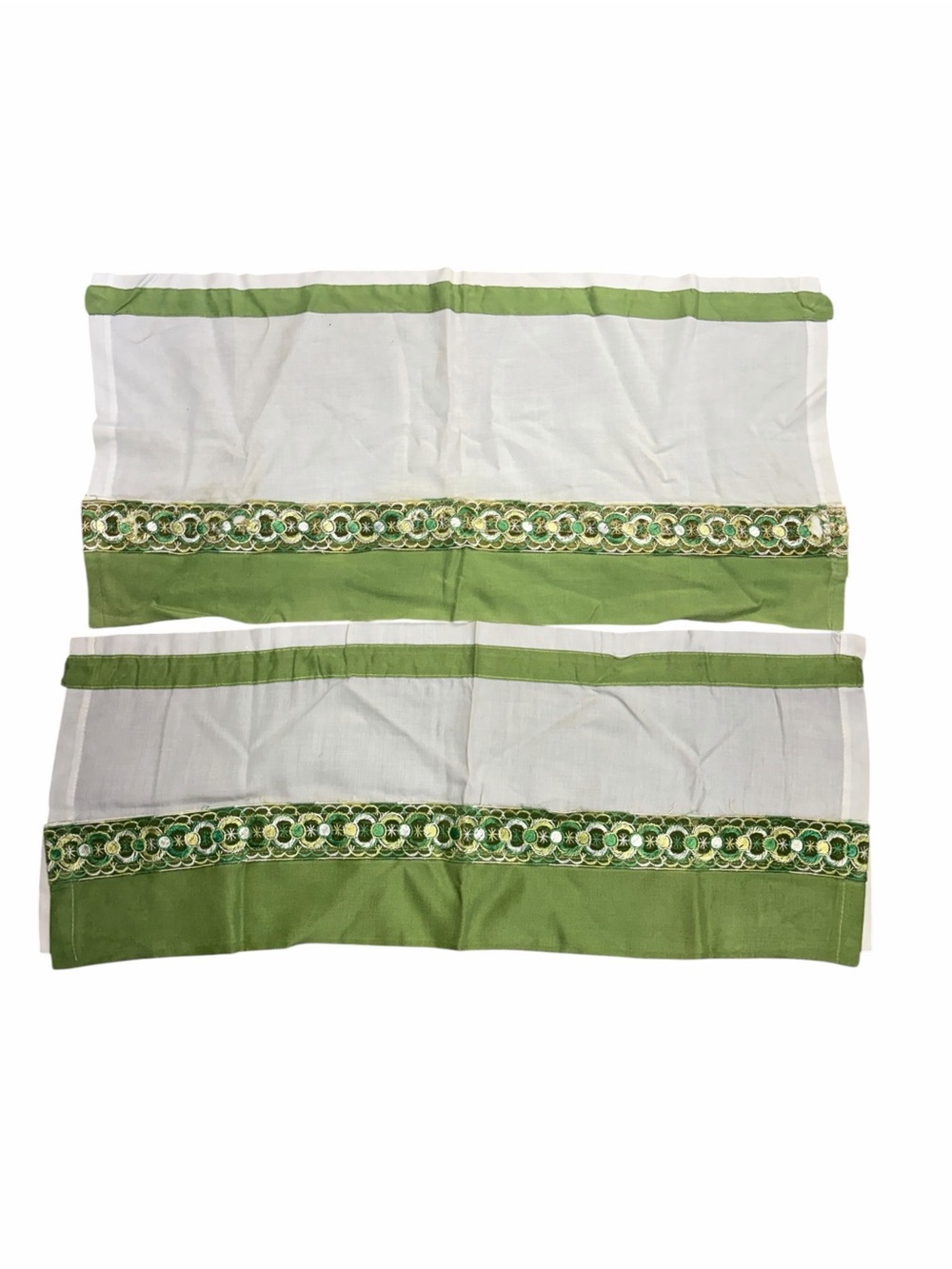 Vintage Green and White Embellished Decorative Window Panel Pair
